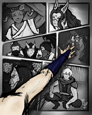 A few of the characters belong to Riot Games - League of Legends (Akali 3rd Panel, Jhin 5th panel, Usan/Zed 6th panel).