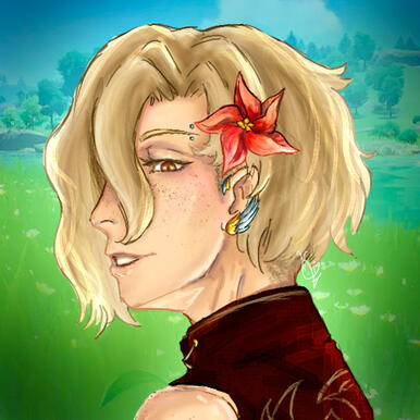 Background is an edited screenshot from Genshin. Prim is a Genshin OC